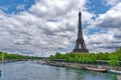 River Seine And Eiffel Tower, Paris, Ile De France, France