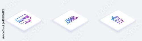 Set Isometric line Vote, Taxi car roof and Paper glass with straw. White square button. Vector