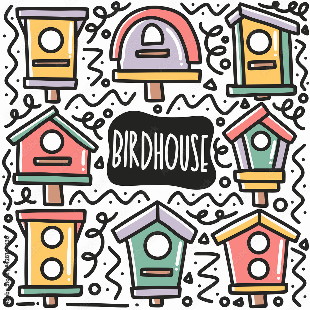 hand drawn bird house doodle set