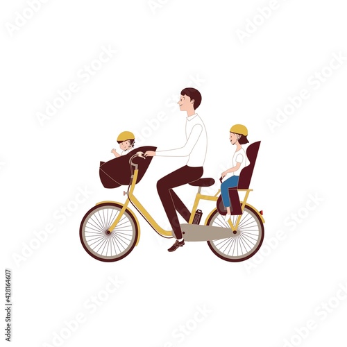 電動アシスト自転車　三人乗り　お父さんと子供二人
