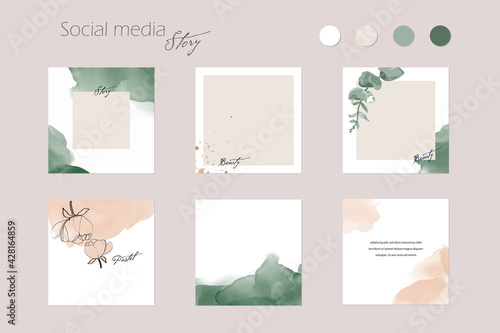abstract Instagram social media story post feed background layout, web banner template. pink nude green watercolor vector texture frame mockup. for beauty, jewelry, fashion, cosmetics, wedding, summer photo