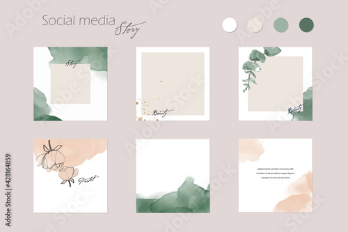 abstract Instagram social media story post feed background layout, web banner template. pink nude green watercolor vector texture frame mockup. for beauty, jewelry, fashion, cosmetics, wedding, summer