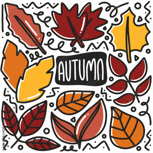 Fototapeta Naklejka Na Ścianę i Meble -  hand drawn autumn leaf doodle set