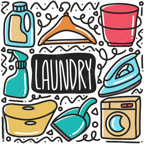 hand drawn laundry equipment doodle set