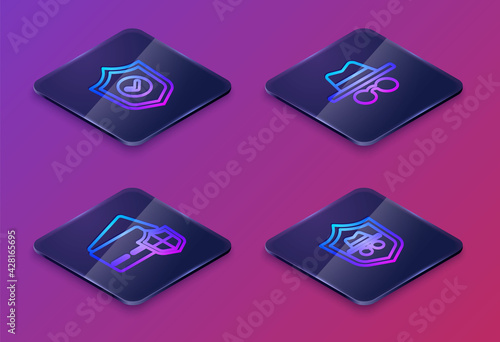 Set Isometric line Shield with check mark, Credit card shield, Incognito mode and . Blue square button. Vector