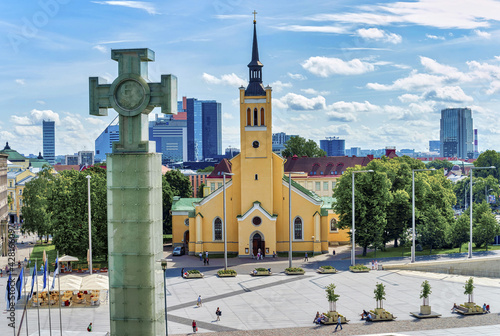 Look Past The Monument For The War Of Independence Over The Freedom Square To The St  John's Church Tallinn, Estonia photo