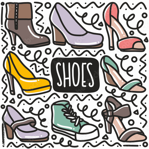 hand drawn women shoes doodle set