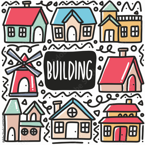 hand drawn city building doodle set
