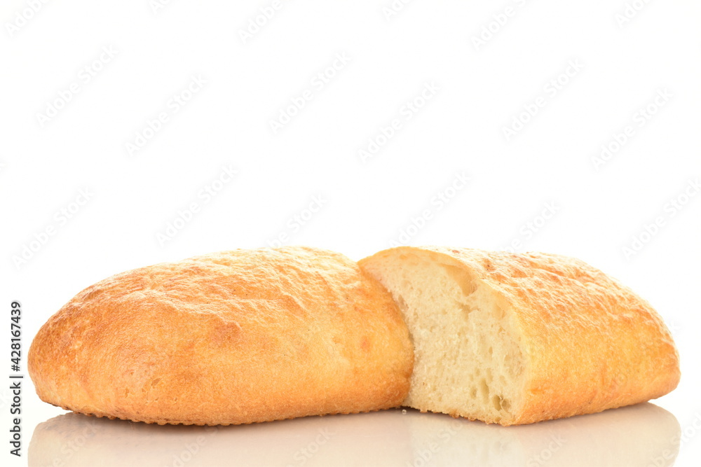 Two halves of fresh aromatic ciabatta, close-up, isolated on white.