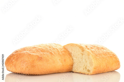Two halves of fresh aromatic ciabatta, close-up, isolated on white.