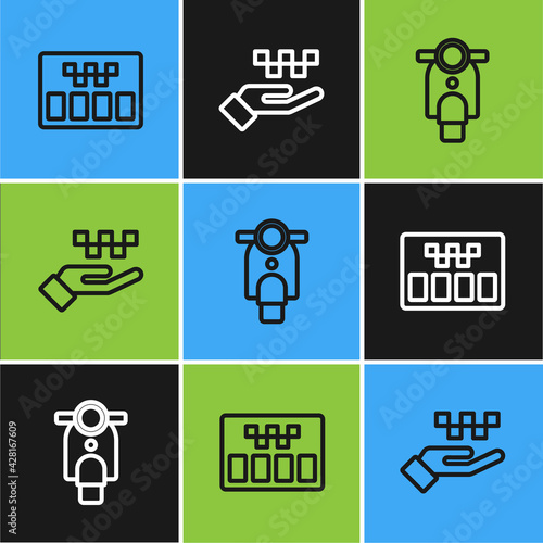 Set line Taximeter, Scooter and Hand with taxi icon. Vector