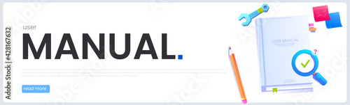 User manual for paper booklet. Vector illustration banner. Guide book top view, near a magnifying glass with a question mark.