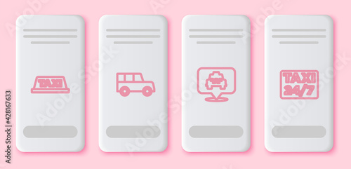 Set line Taxi car roof, Car, Location with taxi and . White rectangle button. Vector