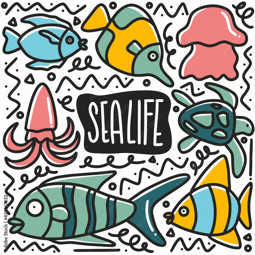 hand drawn sea life doodle set