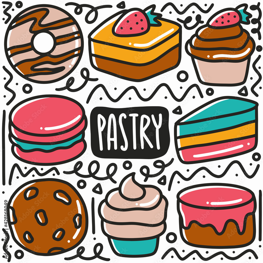 hand drawn dessert pastry doodle set