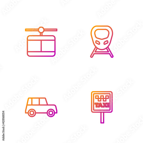 Set line Road sign for a taxi stand, Car, Cable car and High-speed train. Gradient color icons. Vector