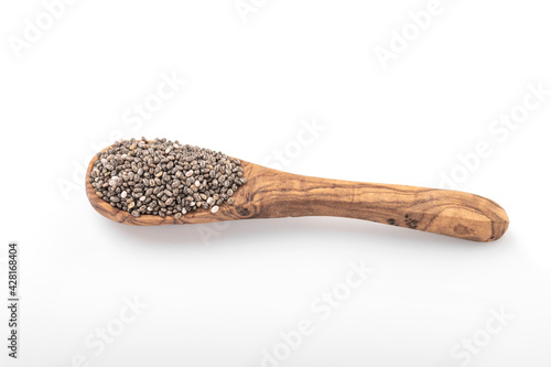 Chia seeds. Chia seeds in wooden spoon on white background. chia