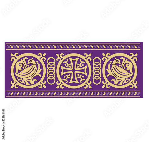 GOLD EMBROIDERY FOR LITURGICAL CLOTHES AND SACRED CEREMONIES. SACRED CATHOLIC SYMBOLS IN ANCIENT STYLE WITH GOLDEN DECORATIONS