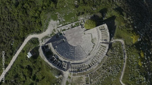 Ancient theater of Segesta partly excavated in the rock of the hill. Segesta Archaeological Park in the province of Trapani. Ancient Sicily.