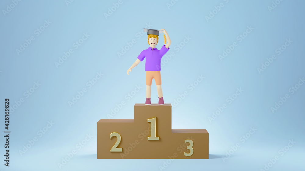 Education concept. 3d of A boy wearing a graduate hat on podium on blue background. Modern flat design isometric concept of Education. Back to school. Education concept. 3d of A boy wearing a graduate hat on podium on blue background. Modern flat design isometric concept of Education. Back to school.