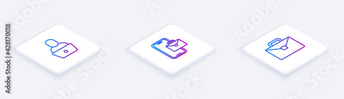 Set Isometric line Freelancer, and Briefcase. White square button. Vector