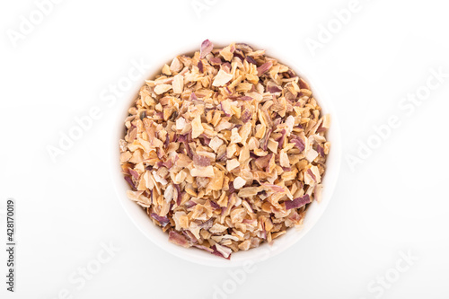 chopped scallion. chopped scallion in white bowl on white background. chopped scallion, dried Shallots Flakes, dry onion, onion flakes