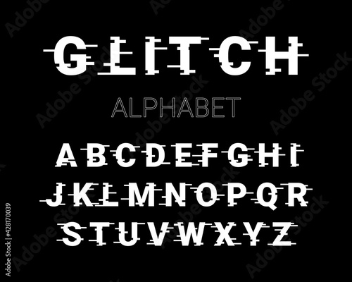 Latin Glitch Alphabet. White Alphabet. Vector illustration.