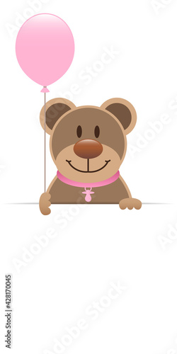 Brauner Teddy Banner Mit Pinkem Luftballon