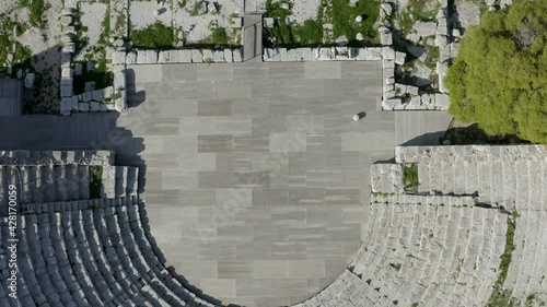Ancient theater of Segesta partly excavated in the rock of the hill. Segesta Archaeological Park in the province of Trapani. Ancient Sicily.