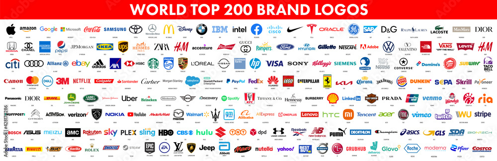 200 Top and most popular World brands. Logo Apple, Google, Amazon,  Microsoft, Coca-cola, Samsung, Toyota, Mercedes, MacDonalds, Disney, BMW,  IBM, Intel and more. Vector illustration Stock Vector | Adobe Stock