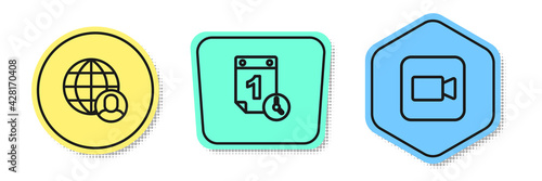 Set line Freelancer, Time management and Camera. Colored shapes. Vector