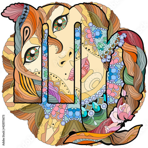 Virgo zodiac sign with mandala cute cartoon virgo character retro zentangle stylized in vector