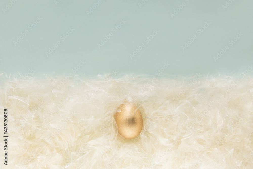 Gold Easter egg on fur made of common milkweed fluffy seed hairs. Natural, spring, Easter festive composition 2021. Flat lay minimal pastel blue and white background.