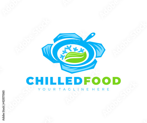 Chilled food, skillet, snowflake and leaf, logo design. Kitchen, cuisine, eating and eat, vector design and illustration