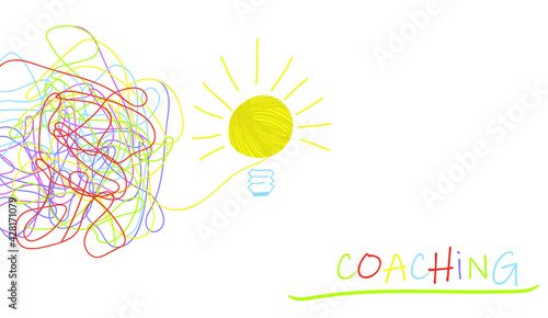Vector illustration of coaching concept. A tangle of confused thoughts and a new idea. Place for text