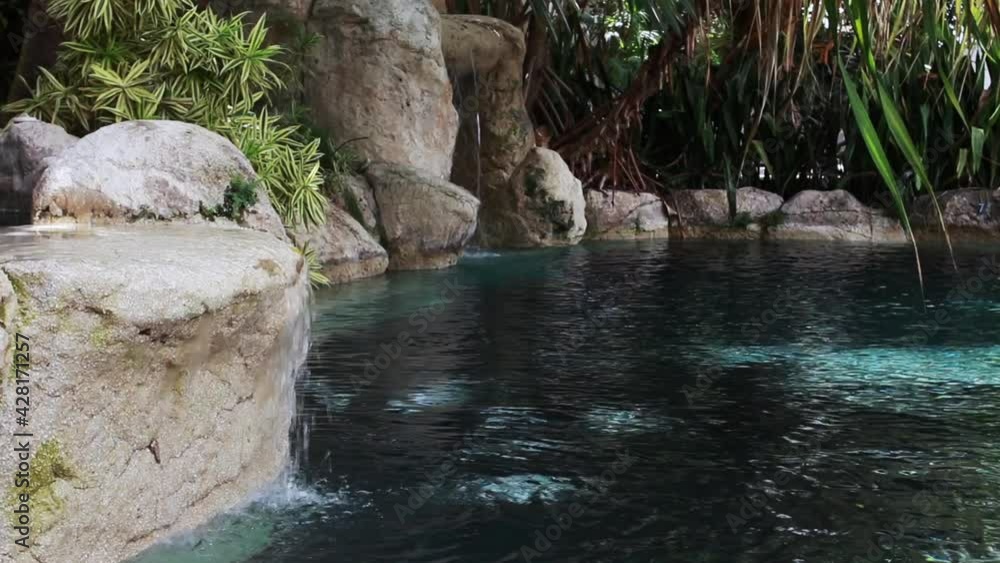 Video of turquoise blue lagoon hotel pool in Bridgetown, Barbados, cloaked by palm tree leaves and green foliage. Surrounded by white limestone rocks, a mini waterfall, and hanging vines. Video of turquoise blue lagoon hotel pool in Bridgetown, Barbados, cloaked by palm tree leaves and green foliage. Surrounded by white limestone rocks, a mini waterfall, and hanging vines.
