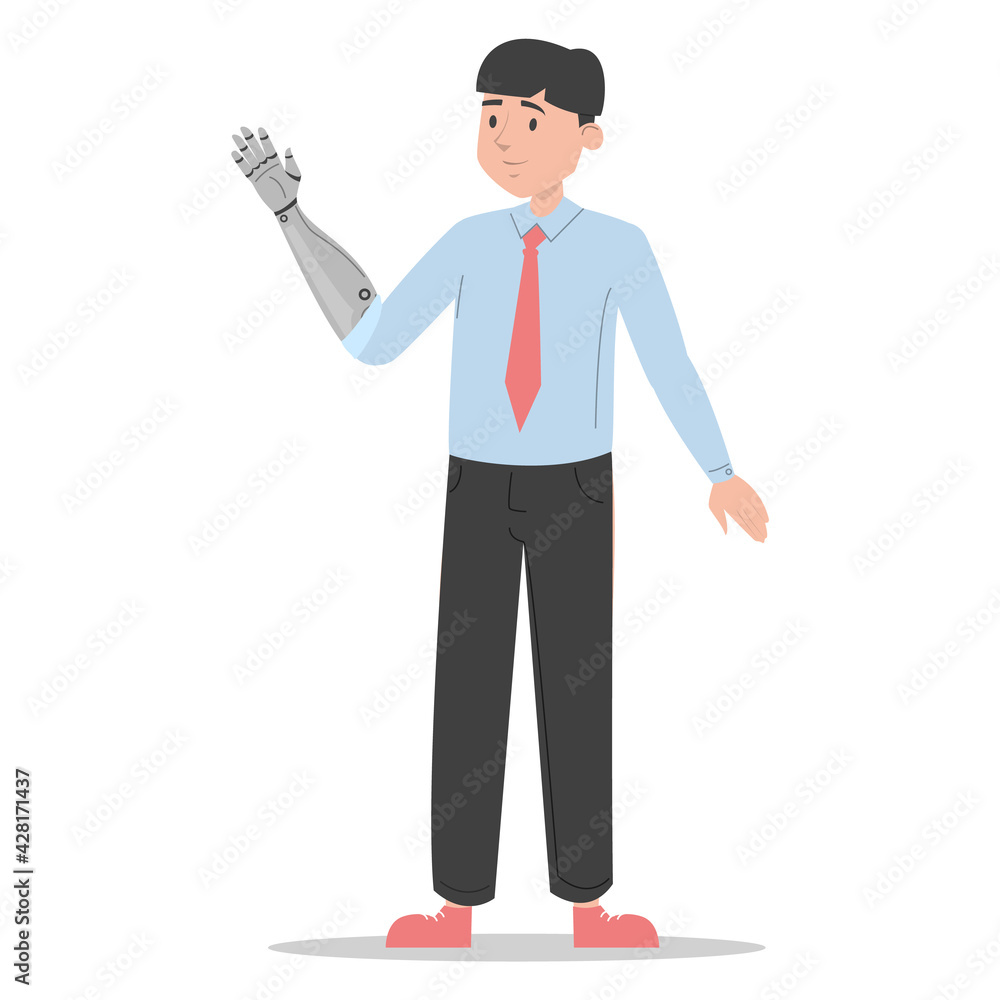 Man with prosthetic arm vector isolated. Bionic limb, amputee male person. Concept of people with disability. Happy handsome man in suit standing. Man with prosthetic arm vector isolated. Bionic limb, amputee male person. Concept of people with disability. Happy handsome man in suit standing.