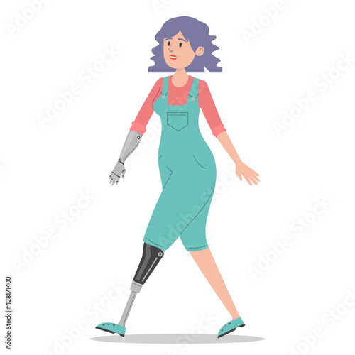 Happy young woman with prosthetic leg and arm vector isolated. Illustration of young adult wearing a prosthesis. Handicapped person, female character with artificial limbs.