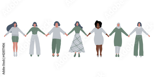 Women are holding hands. International Women's Day concept. Women's community. Female solidarity. Women silhouettes of different races, different ages. Vector illustration.