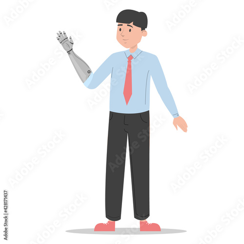 Man with prosthetic arm vector isolated. Bionic limb, amputee male person. Concept of people with disability. Happy handsome man in suit standing.