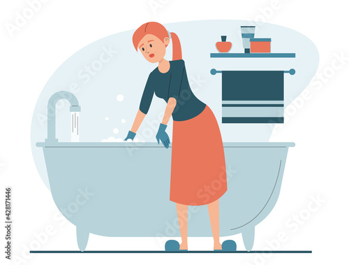 Woman cleaning bathtub vector isolated. Everyday domestic routine, housewife in gloves, washing bath using sponge. House chores.