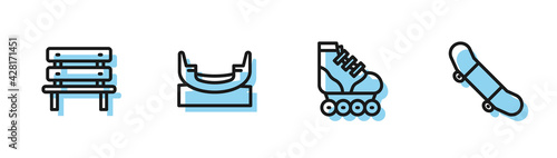 Set line Roller skate, Bench, Boat swing and Skateboard trick icon. Vector