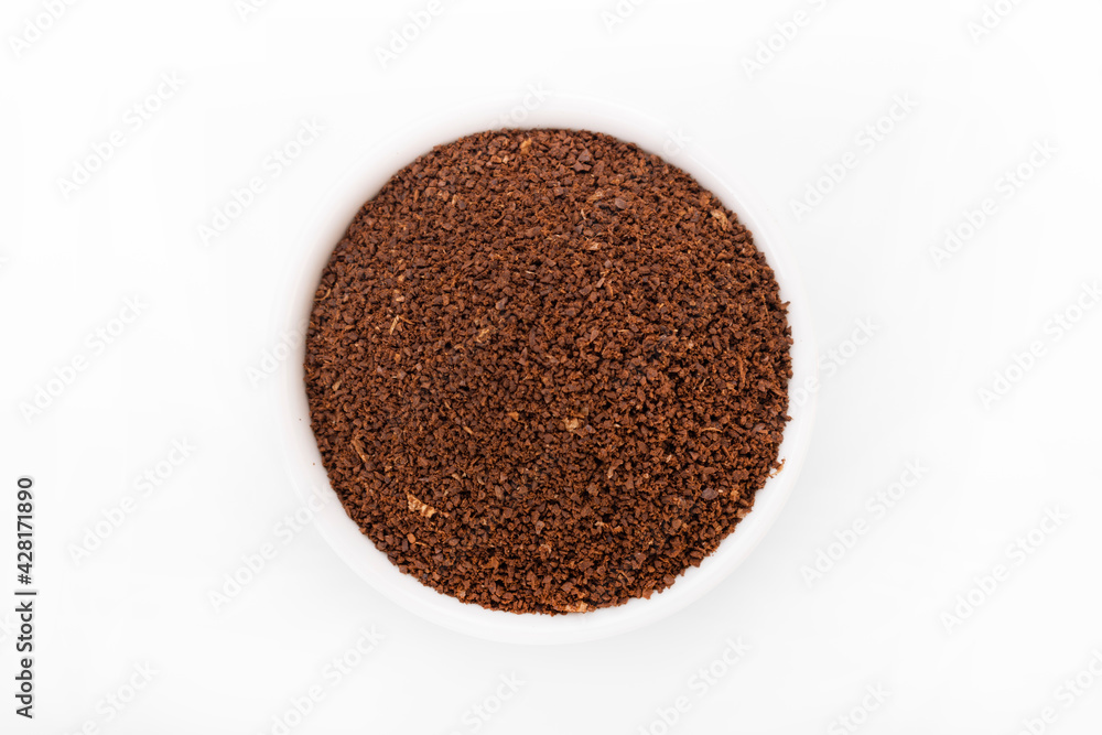 ground coffee. ground coffee in white bowl on white background. ground coffee. ground coffee in white bowl on white background.