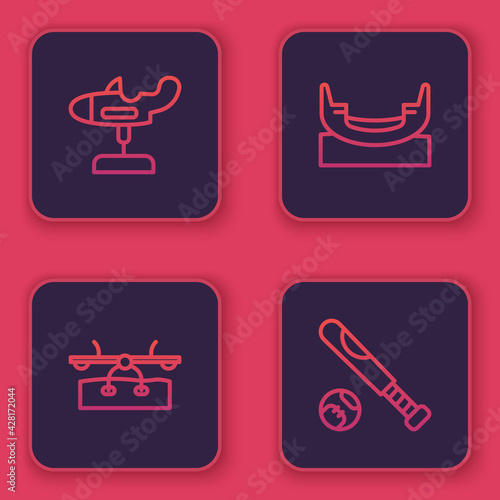 Set line Swing plane, Seesaw, Boat swing and Baseball bat with ball. Blue square button. Vector