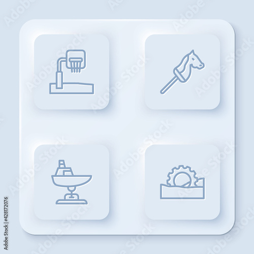 Set line Basketball backboard, Toy horse, Swing boat and Ferris wheel. White square button. Vector