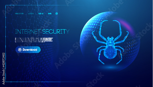 Virus spider in low poly style on blue background with sphere shield. Cybercryme technology network web vector illustration. Internet fraud abstract vector background. Cyber criminal hacker attack.
