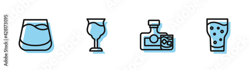 Set line Whiskey bottle and glass, Glass of whiskey, Wine and beer icon. Vector