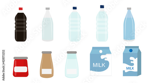 set of bottle mineral drink milk and jam bottle isolated on white background vector illustration 