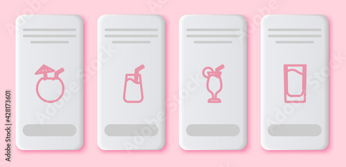 Set line Coconut cocktail, Cocktail, and Shot glass. White rectangle button. Vector