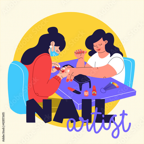 Nail artist illustration. Professional manicurist at work. Two young women are doing a manicure. Trendy vector illustration for a beauty studio.